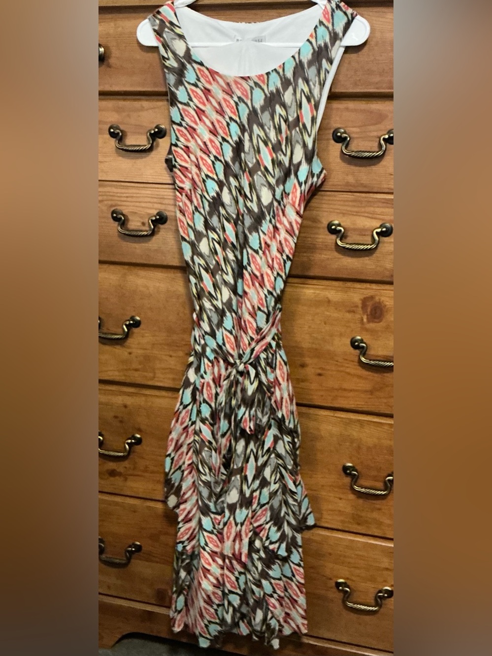 Robbie Bee Coral, Aqua & Brown Ikat Maxi Dress with Tie Waist